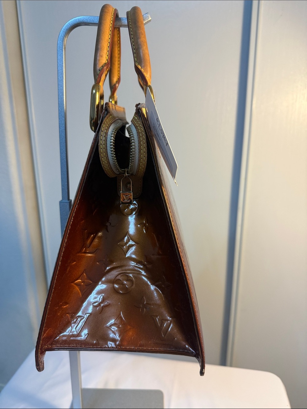 PROJECT Louis Vuitton Brown Vernis Patent Monogram Triangle Satchel - Picture 3 of 14